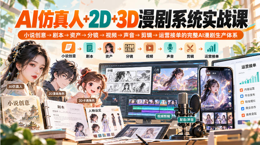 【无水印】AI仿真人+2D+3D漫剧系统实战课,小说创意→剧本→资产→分镜→视频→声音→剪辑→运营接单的完整AI漫剧生产体系亿创资源网_优质资源分享平台_一站式资源获取亿创资源网 | 优质资源分享平台_一站式资源获取