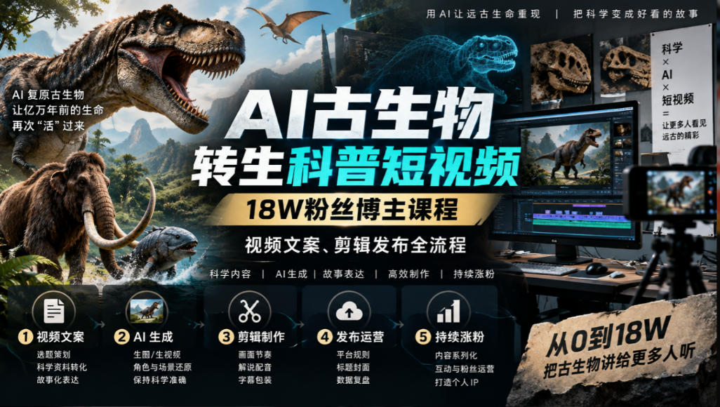 AI古生物转生科普短视频，18W粉丝博主课程，视频文案、剪辑发布全流程亿创资源网_优质资源分享平台_一站式资源获取亿创资源网 | 优质资源分享平台_一站式资源获取