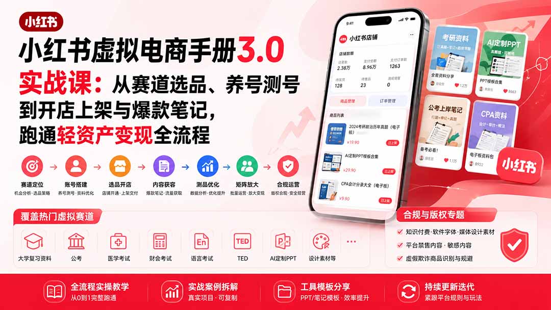 小红书虚拟电商手册3.0实战课：从赛道选品、养号测号到开店上架与爆款笔记，跑通轻资产变现全流程亿创资源网_优质资源分享平台_一站式资源获取亿创资源网 | 优质资源分享平台_一站式资源获取