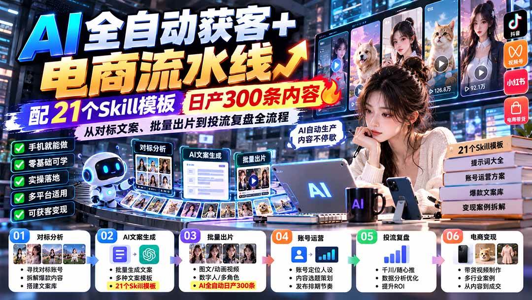 （20664期）AI全自动获客+电商流水线：配21个Skill模板，日产300条内容，从对标文案、批量出片到投流复盘全流程亿创资源网_优质资源分享平台_一站式资源获取亿创资源网 | 优质资源分享平台_一站式资源获取