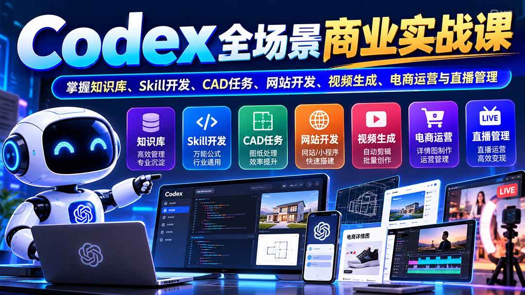 （20712期）【无水印】Codex全场景商业实战课：掌握知识库、Skill开发、CAD任务、网站开发、视频生成、电商运营与直播管理亿创资源网_优质资源分享平台_一站式资源获取亿创资源网 | 优质资源分享平台_一站式资源获取