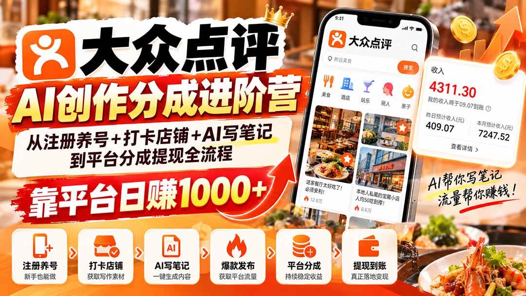 (20759期)大众点评AI创作分成进阶营:从注册养号+打卡店铺+AI写笔记到平台分成提现全流程,靠平台日赚1000+亿创资源网_优质资源分享平台_一站式资源获取亿创资源网 | 优质资源分享平台_一站式资源获取