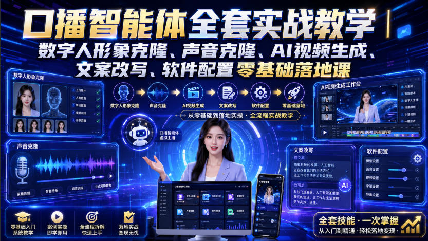 口播智能体全套实战教学｜数字人形象克隆、声音克隆、AI视频生成、文案改写、软件配置零基础落地课亿创资源网_优质资源分享平台_一站式资源获取亿创资源网 | 优质资源分享平台_一站式资源获取