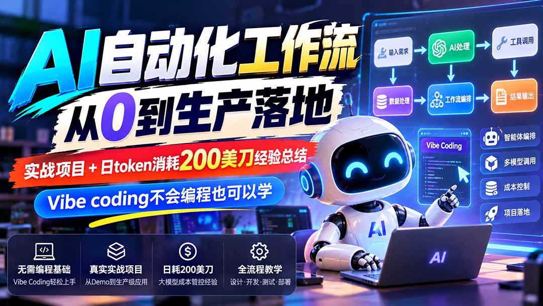(20954期)【无水印】AI自动化工作流从0到生产落地,实战项目+日token消耗200美刀经验总结,Vibe coding不会编程也可以学 (20954期)【无水印】AI自动化工作流从0到生产落地,实战项目+日token消耗200美刀经验总结,Vibe coding不会编程也可以学