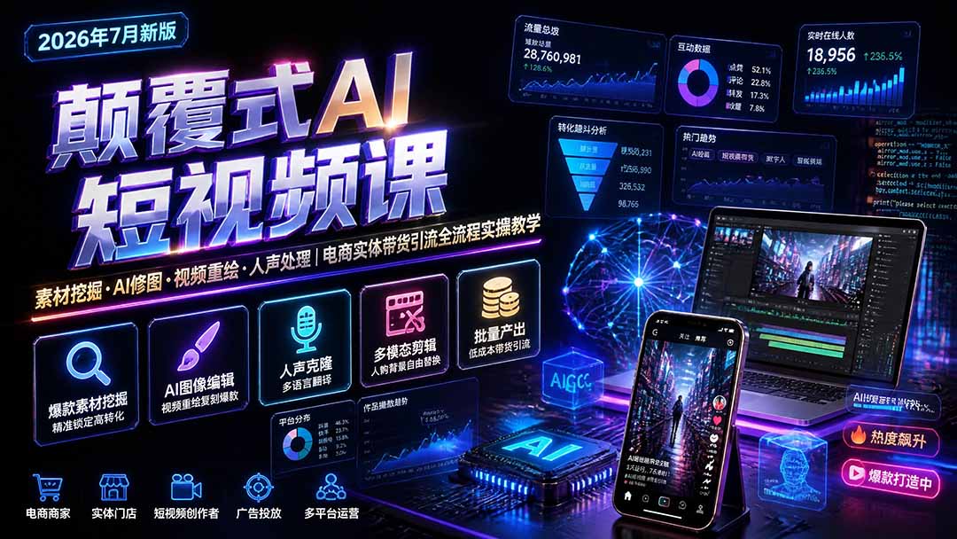 颠覆式AI短视频课|素材挖掘,AI修图,视频重绘,人声处理|电商实体带货引流全流程实操教学亿创资源网_优质资源分享平台_一站式资源获取亿创资源网 | 优质资源分享平台_一站式资源获取