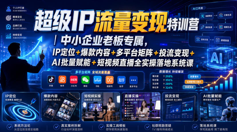 超级IP流量变现特训营｜中小企业老板专属，IP定位+爆款内容+多平台矩阵+投流变现+AI批量赋能+短视频直播全实操落地系统课亿创资源网_优质资源分享平台_一站式资源获取亿创资源网 | 优质资源分享平台_一站式资源获取