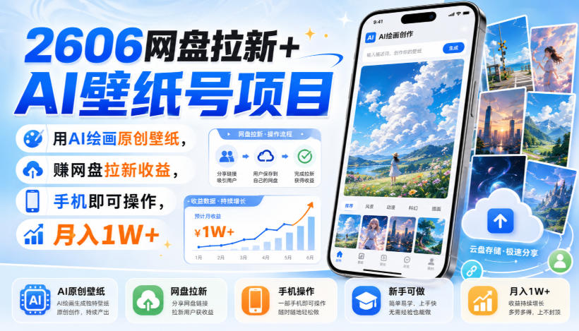 2606网盘拉新+AI壁纸号项目，用AI绘画原创壁纸，賺网盘拉新收益，手机即可操作，月入1W+亿创资源网_优质资源分享平台_一站式资源获取亿创资源网 | 优质资源分享平台_一站式资源获取
