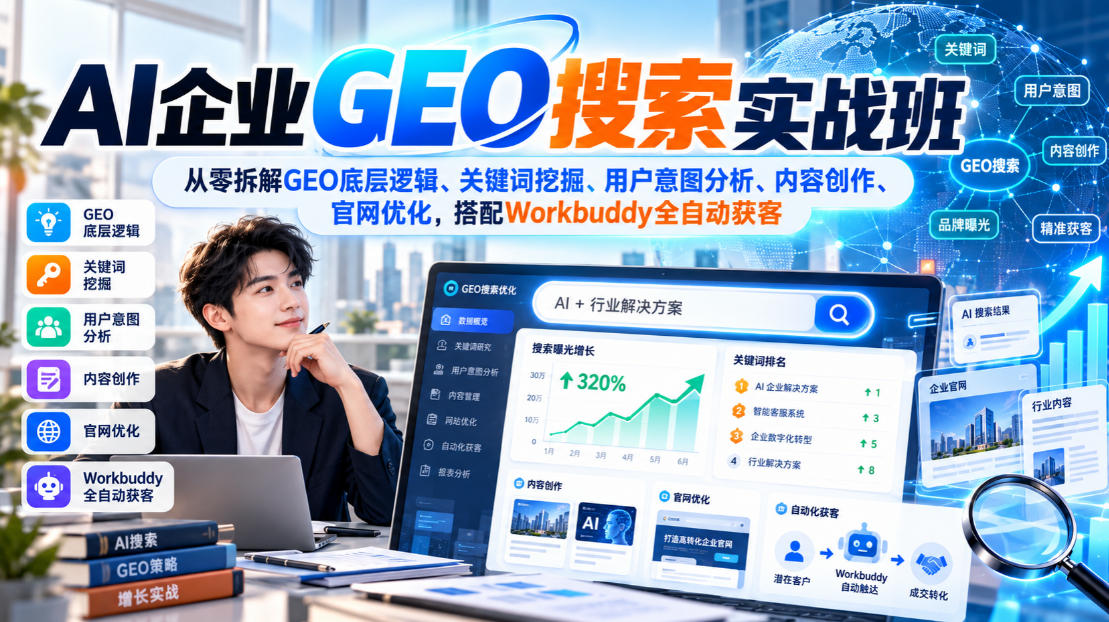 AI企业GEO搜索实战班，从零拆解GEO底层逻辑、关键词挖掘、用户意图分析、内容创作、官网优化，搭配Workbuddy全自动获客亿创资源网_优质资源分享平台_一站式资源获取亿创资源网 | 优质资源分享平台_一站式资源获取