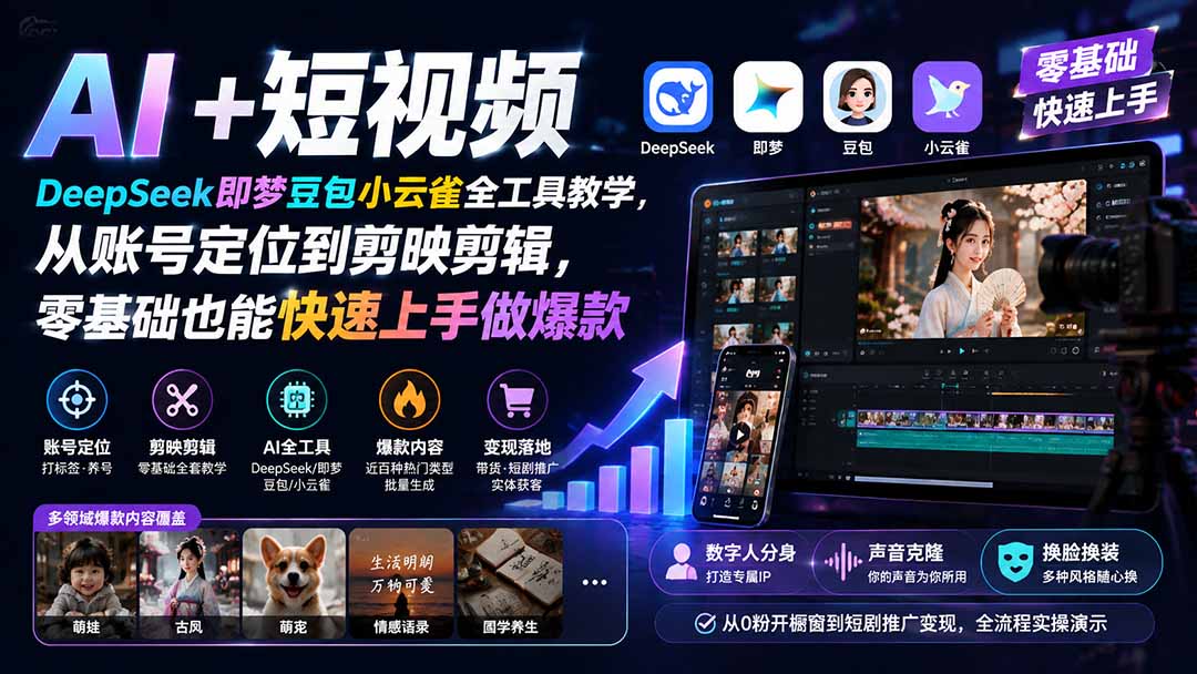 AI+短视频|DeepSeek即梦豆包小云雀全工具教学,从账号定位到剪映剪辑,零基础也能快速上手做爆款亿创资源网_优质资源分享平台_一站式资源获取亿创资源网 | 优质资源分享平台_一站式资源获取