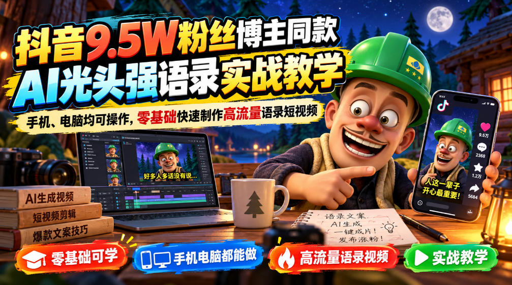 抖音9.5W粉丝博主同款AI光头强语录实战教学，手机、电脑均可操作，零基础快速制作高流量语录短视频亿创资源网_优质资源分享平台_一站式资源获取亿创资源网 | 优质资源分享平台_一站式资源获取