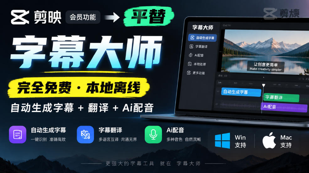 剪映会员功能平替，字幕大师完全免费本地离线，支持自动生成字幕+翻译+Ai配音，Win和Mac都支持！亿创资源网_优质资源分享平台_一站式资源获取亿创资源网 | 优质资源分享平台_一站式资源获取