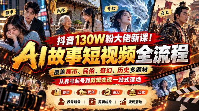 抖音130W粉大佬新课！AI故事短视频全流程，覆盖都市、民俗、奇幻、历史多题材，从养号起号到剪辑变现一站式落地亿创资源网_优质资源分享平台_一站式资源获取亿创资源网 | 优质资源分享平台_一站式资源获取