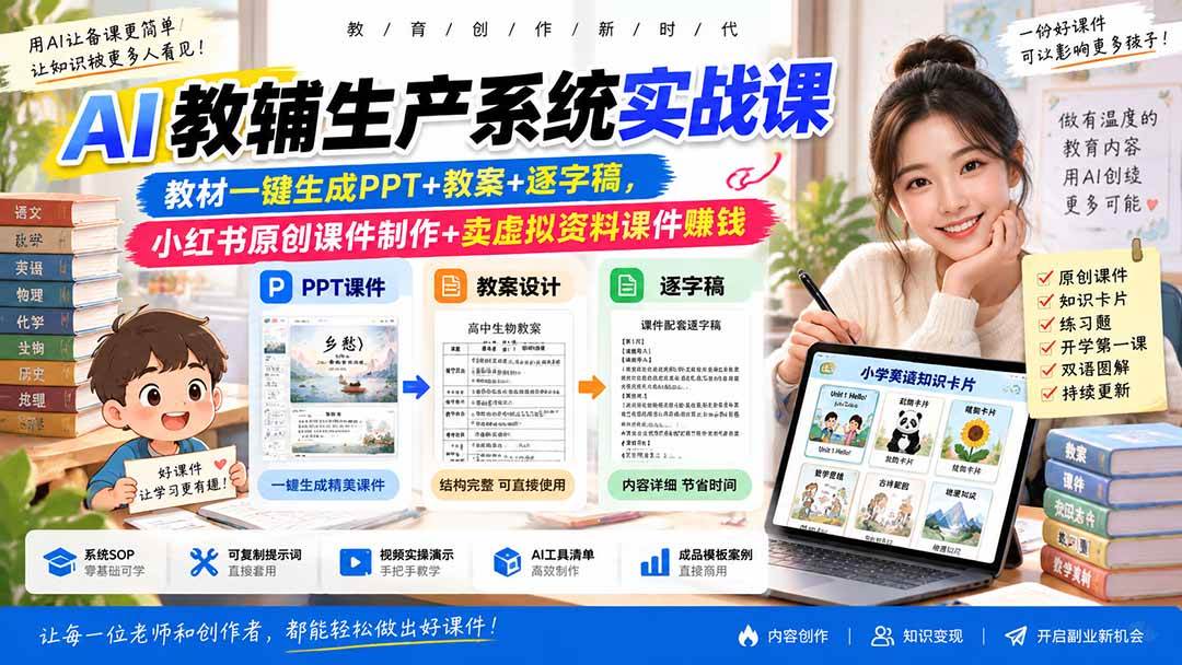 （20542期）AI教辅生产系统实战课｜教材一键生成PPT+教案+逐字稿，小红书原创课件制作+卖虚拟资料课件赚钱亿创资源网_优质资源分享平台_一站式资源获取亿创资源网 | 优质资源分享平台_一站式资源获取