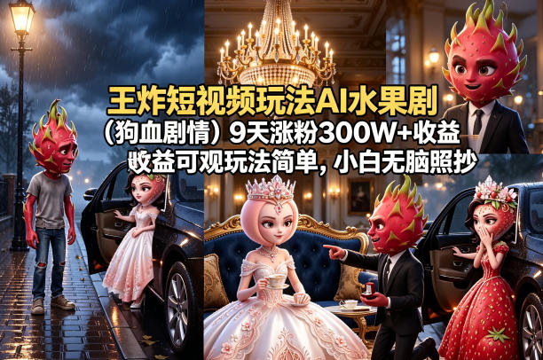 王炸短视频玩法AI水果剧（狗血剧情）9天涨粉300W+收益可观玩法简单，小白无脑照抄，详细拆解玩法亿创资源网_优质资源分享平台_一站式资源获取亿创资源网 | 优质资源分享平台_一站式资源获取