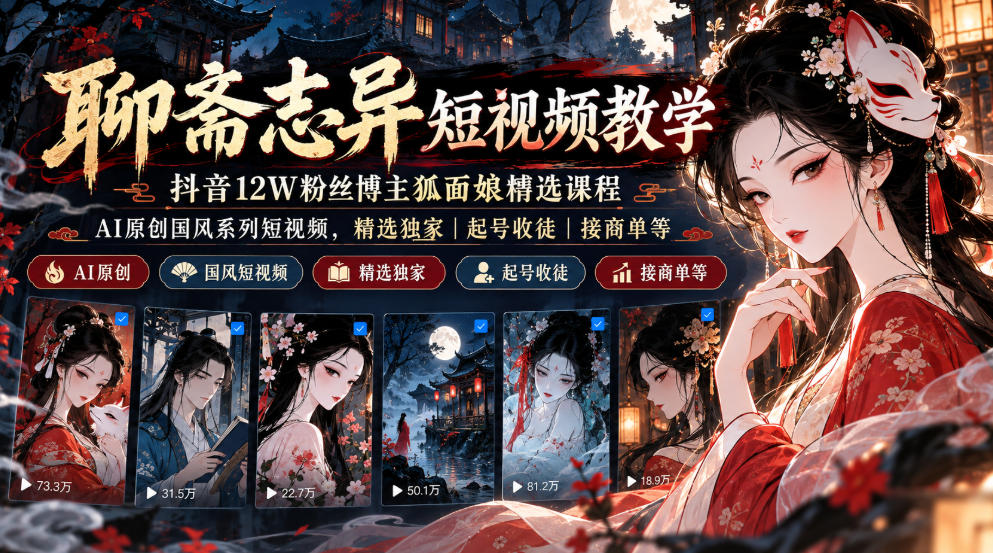 聊斋志异短视频教学,抖音12W粉丝博主狐面娘精选课程,AI原创国风系列短视频,精选独家丨起号收徒丨接商单等亿创资源网_优质资源分享平台_一站式资源获取亿创资源网 | 优质资源分享平台_一站式资源获取