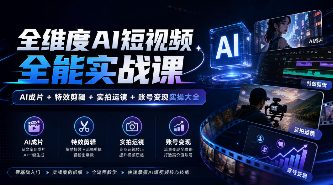全维度AI短视频全能实战课，AI成片+特效剪辑+实拍运镜+账号变现实操大全亿创资源网_优质资源分享平台_一站式资源获取亿创资源网 | 优质资源分享平台_一站式资源获取