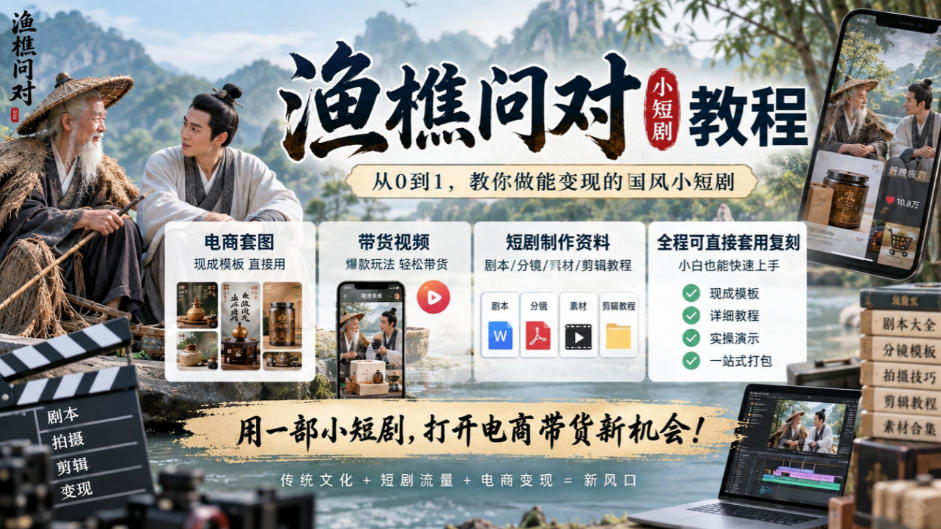 渔樵问对小短剧教程，包含电商套图、带货视频，短剧制作资料，全程可直接套用复刻亿创资源网_优质资源分享平台_一站式资源获取亿创资源网 | 优质资源分享平台_一站式资源获取