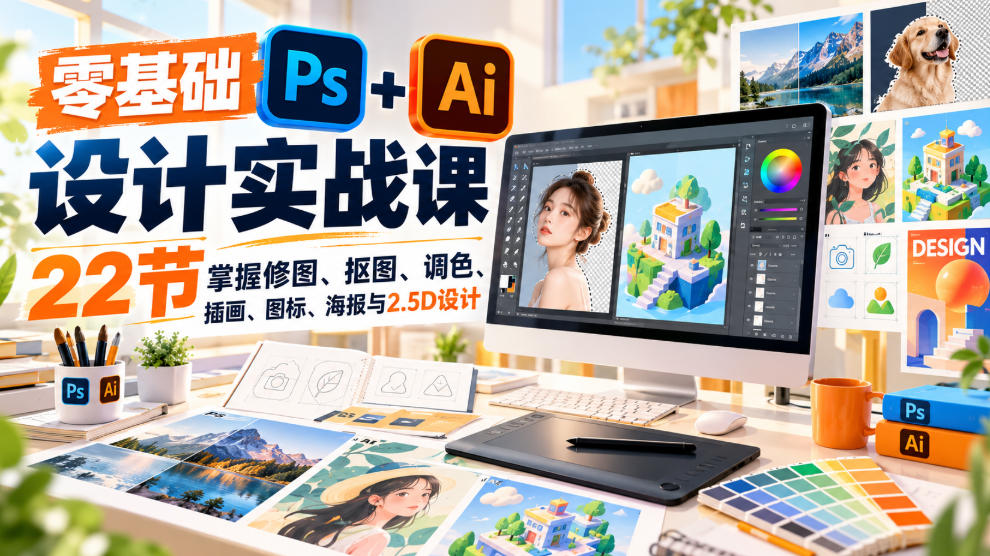 【无水印】零基础PS+AI设计实战课｜22节掌握修图、抠图、调色、插画、图标、海报与2.5D设计亿创资源网_优质资源分享平台_一站式资源获取亿创资源网 | 优质资源分享平台_一站式资源获取
