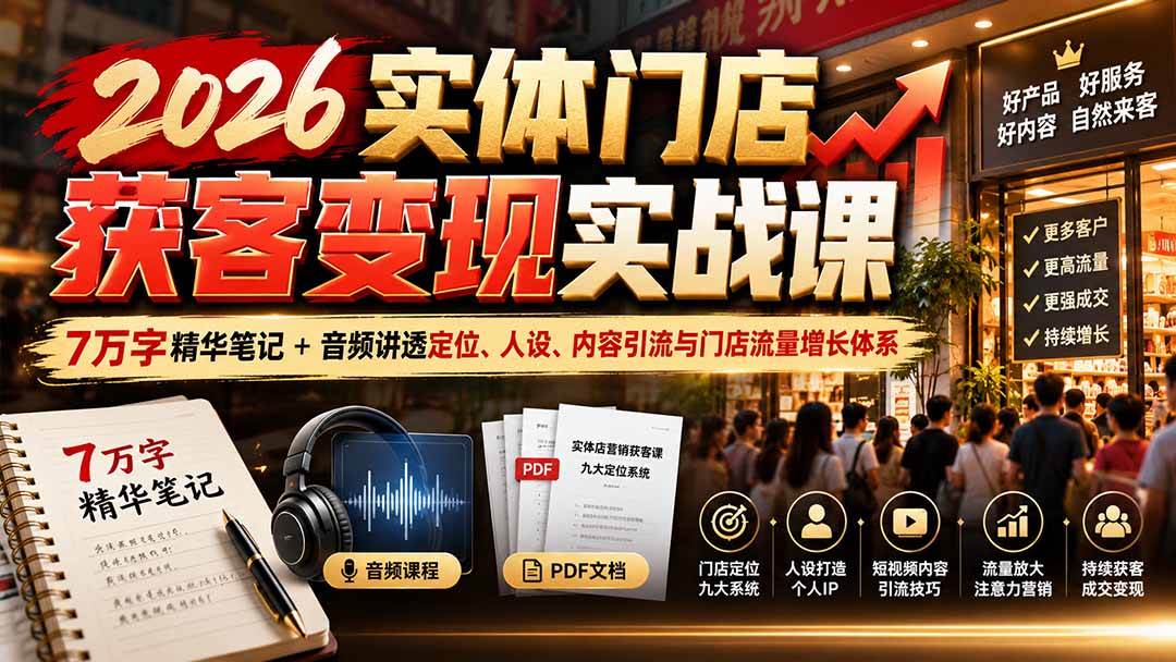（20832期）2026实体门店获客变现实战课：7万字精华笔记+音频讲透定位、人设、内容引流与门店流量增长体系亿创资源网_优质资源分享平台_一站式资源获取亿创资源网 | 优质资源分享平台_一站式资源获取