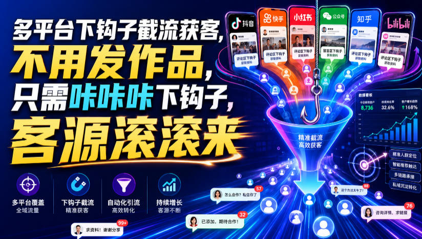 多平台下钩子截流获客，不用发作品，只需咔咔咔下钩子，客源滚滚来亿创资源网_优质资源分享平台_一站式资源获取亿创资源网 | 优质资源分享平台_一站式资源获取