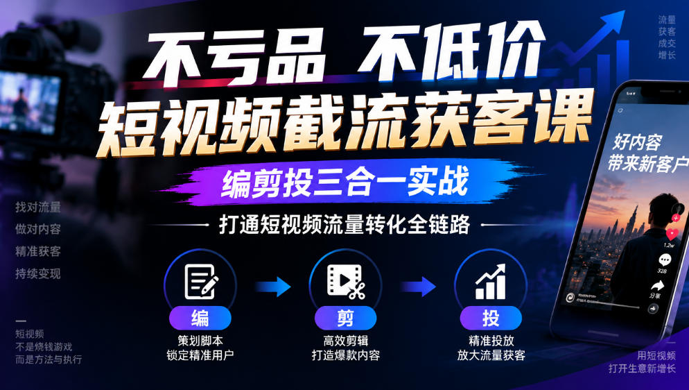 不亏品不低价短视频截流获客课,编剪投三合一实战,打通短视频流量转化全链路亿创资源网_优质资源分享平台_一站式资源获取亿创资源网 | 优质资源分享平台_一站式资源获取