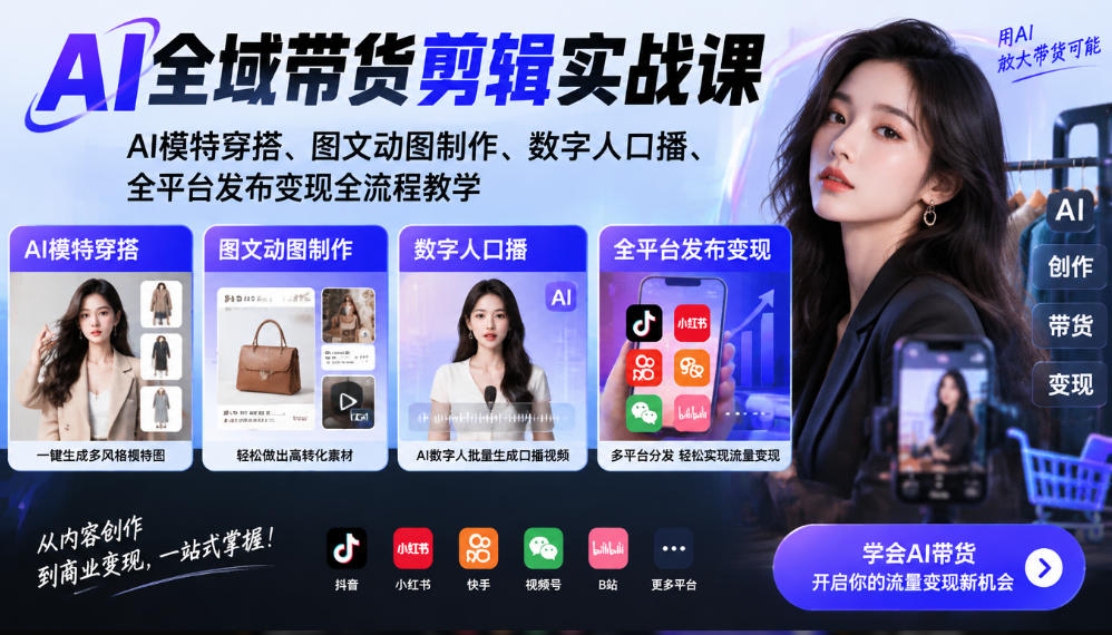 AI全域带货剪辑实战课｜AI模特穿搭、图文动图制作、数字人口播、全平台发布变现全流程教学亿创资源网_优质资源分享平台_一站式资源获取亿创资源网 | 优质资源分享平台_一站式资源获取
