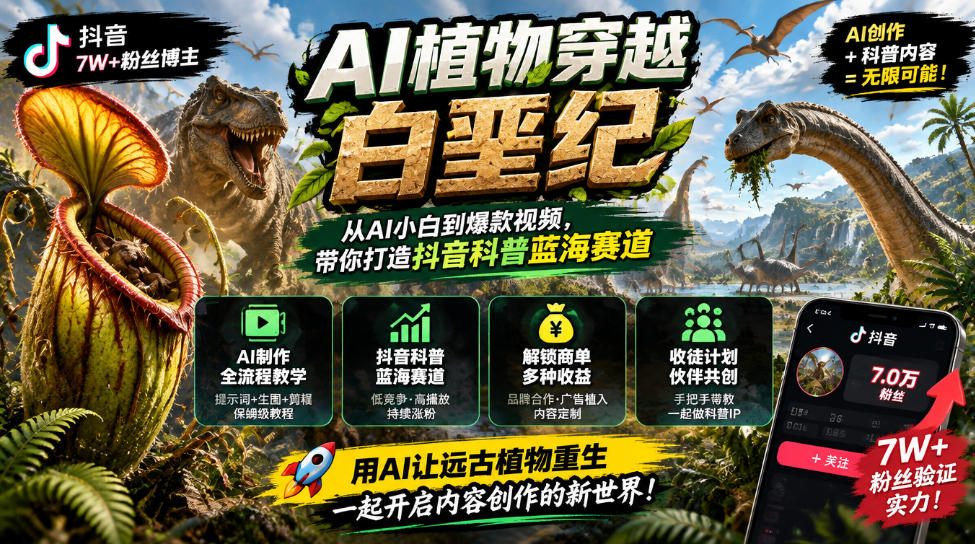 抖音7W粉丝博主的AI植物穿越白垩纪教学，抖音科普蓝海赛道，解锁商单收徒伙伴计划等多种收益亿创资源网_优质资源分享平台_一站式资源获取亿创资源网 | 优质资源分享平台_一站式资源获取