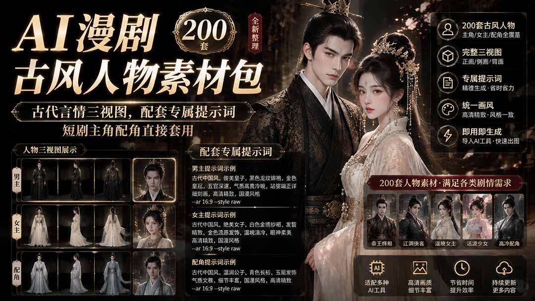 AI漫剧古风人物素材包+提示词｜200 套古代言情三视图，配套专属提示词短剧主角配角直接套用亿创资源网_优质资源分享平台_一站式资源获取亿创资源网 | 优质资源分享平台_一站式资源获取