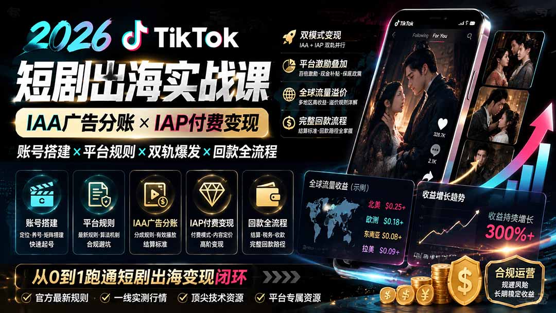 2026TikTok短剧出海实战课：IAA广告分账×IAP付费变现×账号搭建×平台规则×双轨爆发×回款全流程亿创资源网_优质资源分享平台_一站式资源获取亿创资源网 | 优质资源分享平台_一站式资源获取