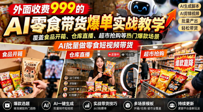 外面收费999的AI零食带货爆单实战教学，覆盖食品开箱、仓库直播、超市抢购等热门爆款场景，AI批量做零食短视频带货亿创资源网_优质资源分享平台_一站式资源获取亿创资源网 | 优质资源分享平台_一站式资源获取