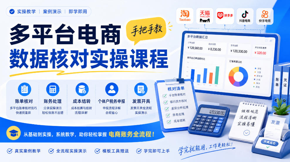 多平台电商数据核对实操课程，手把手教账单核对、账务处理、成本结转、个体户税务申报与发票开具亿创资源网_优质资源分享平台_一站式资源获取亿创资源网 | 优质资源分享平台_一站式资源获取