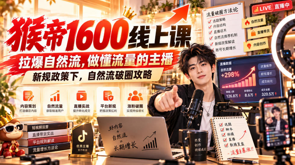 猴帝1600线上课，拉爆自然流，做懂流量的主播，新规政策下，自然流破圈攻略【更新260926】亿创资源网_优质资源分享平台_一站式资源获取亿创资源网 | 优质资源分享平台_一站式资源获取