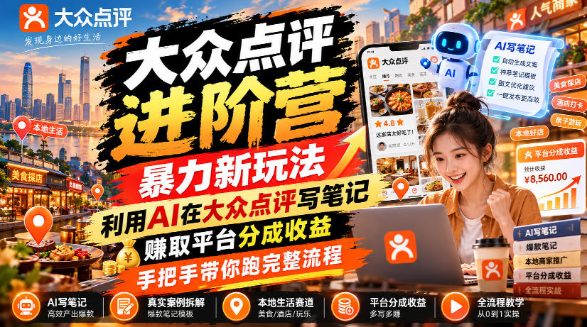 大众点评进阶营，暴力新玩法，利用AI在大众点评写笔记， 賺取平台分成收益，手把手带你跑完整流程亿创资源网_优质资源分享平台_一站式资源获取亿创资源网 | 优质资源分享平台_一站式资源获取