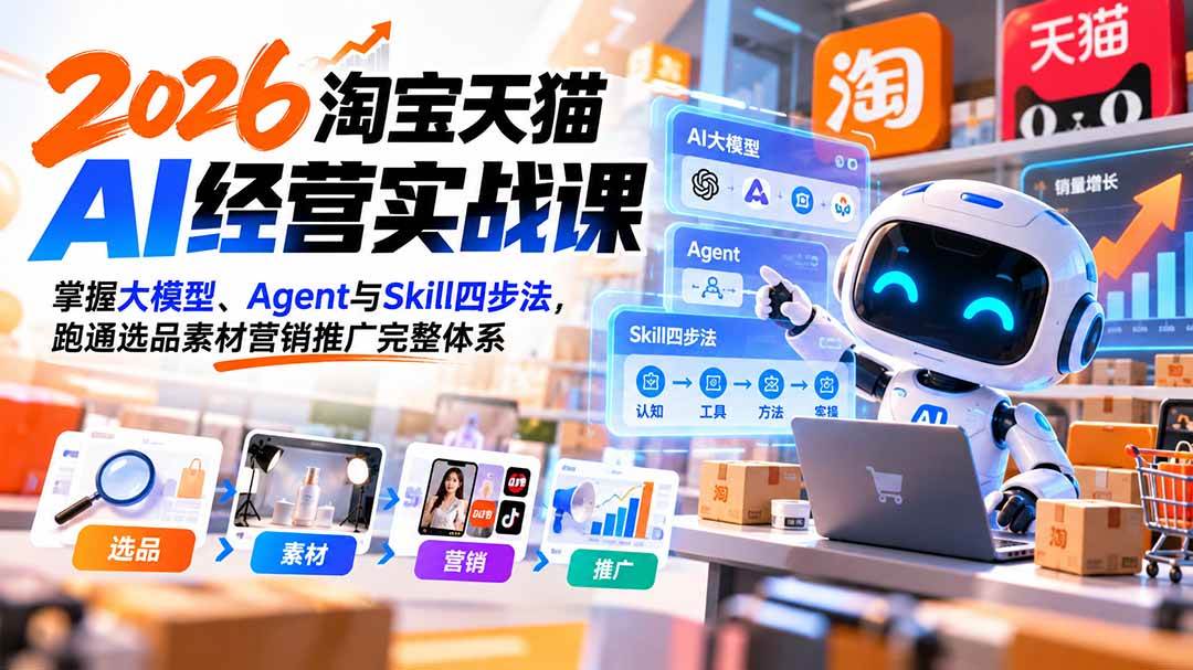 (20676期)【无水印】2026淘宝天猫AI经营实战课:掌握大模型、Agent与Skill四步法,跑通选品素材营销推广完整体系亿创资源网_优质资源分享平台_一站式资源获取亿创资源网 | 优质资源分享平台_一站式资源获取