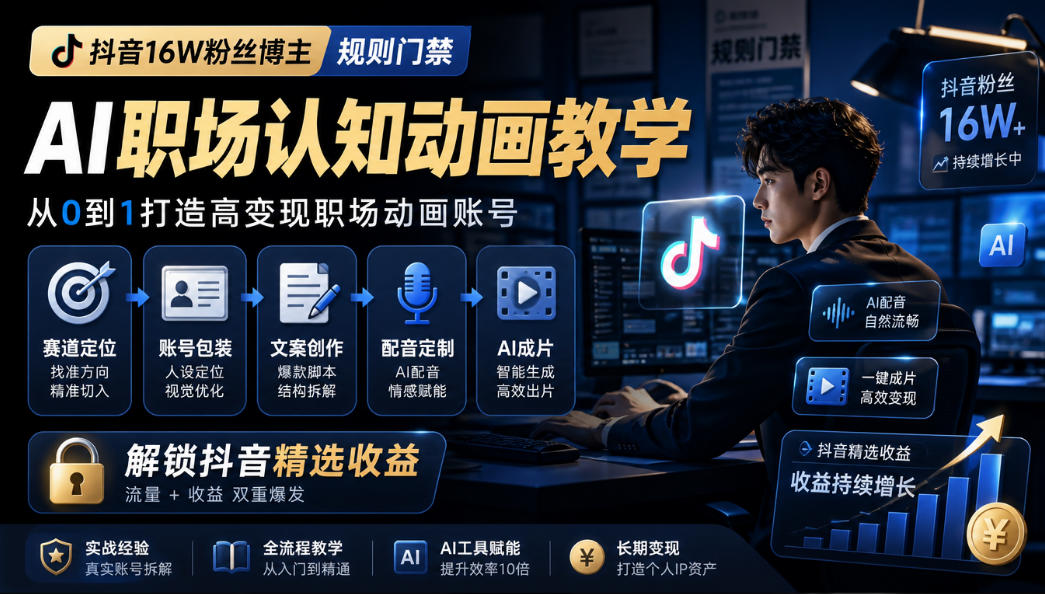 抖音16W粉丝博主规则门禁的AI职场认知动画教学，从赛道定位、账号包装，到文案创作、配音定制、AI成片，解锁抖音精选收益亿创资源网_优质资源分享平台_一站式资源获取亿创资源网 | 优质资源分享平台_一站式资源获取