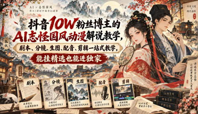 抖音10W粉丝博主的AI志怪国风动漫解说教学，剧本、分镜、生图、配音、剪辑一站式教学，能挂精选也能进独家亿创资源网_优质资源分享平台_一站式资源获取亿创资源网 | 优质资源分享平台_一站式资源获取