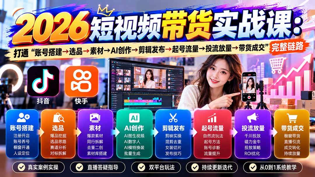 （20731期）2026短视频带货实战课9月：打通“账号搭建→选品→素材→AI创作→剪辑发布→起号流量→投流放量→带货成交”完整链路亿创资源网_优质资源分享平台_一站式资源获取亿创资源网 | 优质资源分享平台_一站式资源获取