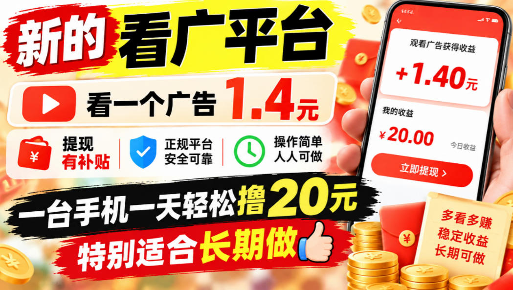 一个新的看广平台，看一个广告1.4元，提现有补贴,一台手机一天轻松撸20+，特别适合长期做【揭秘】亿创资源网_优质资源分享平台_一站式资源获取亿创资源网 | 优质资源分享平台_一站式资源获取