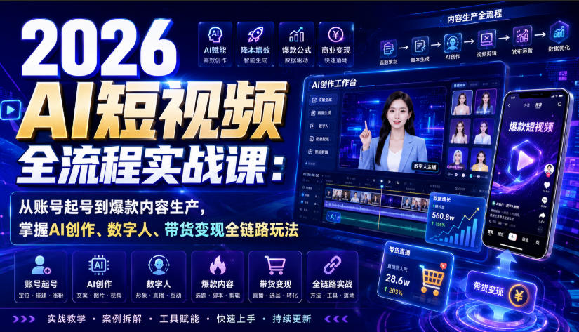 2026 AI短视频全流程实战课：从账号起号到爆款内容生产，掌握AI创作、数字人、带货变现全链路玩法亿创资源网_优质资源分享平台_一站式资源获取亿创资源网 | 优质资源分享平台_一站式资源获取