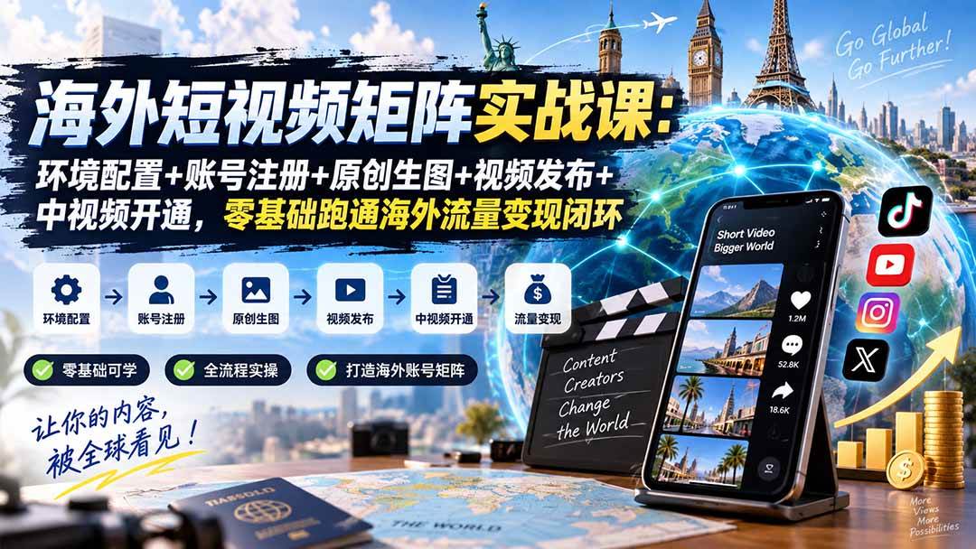 (20470期)海外短视频矩阵实战课:环境配置+账号注册+原创生图+视频发布+中视频开通,零基础跑通海外流量变现闭环亿创资源网_优质资源分享平台_一站式资源获取亿创资源网 | 优质资源分享平台_一站式资源获取