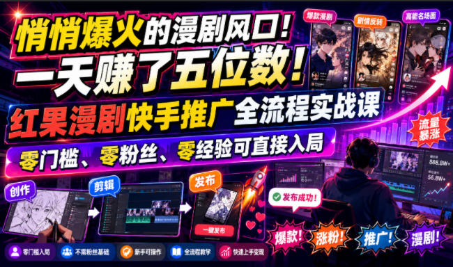 悄悄爆火的漫剧风口！一天賺了五位数！红果漫剧快手推广全流程实战课，零门槛、零粉丝、零经验可直接入局亿创资源网_优质资源分享平台_一站式资源获取亿创资源网 | 优质资源分享平台_一站式资源获取