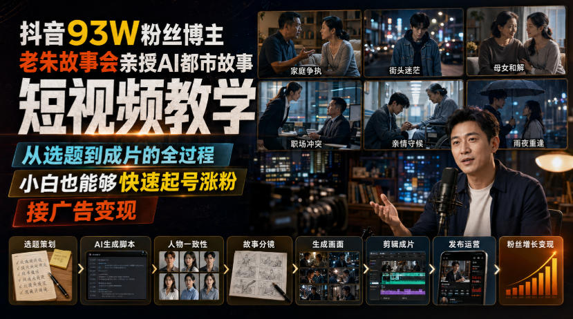 抖音93W粉丝博主老朱故事会亲授AI都市故事短视频教学,从选题到成片的全过程,小白也能够快速起号涨粉接广告变现亿创资源网_优质资源分享平台_一站式资源获取亿创资源网 | 优质资源分享平台_一站式资源获取