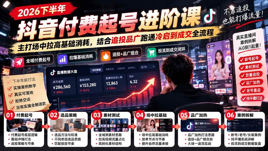 （20671期）2026下半年抖音付费起号进阶课：主打场中拉高基础消耗，结合追投品广跑通冷启到成交全流程亿创资源网_优质资源分享平台_一站式资源获取亿创资源网 | 优质资源分享平台_一站式资源获取