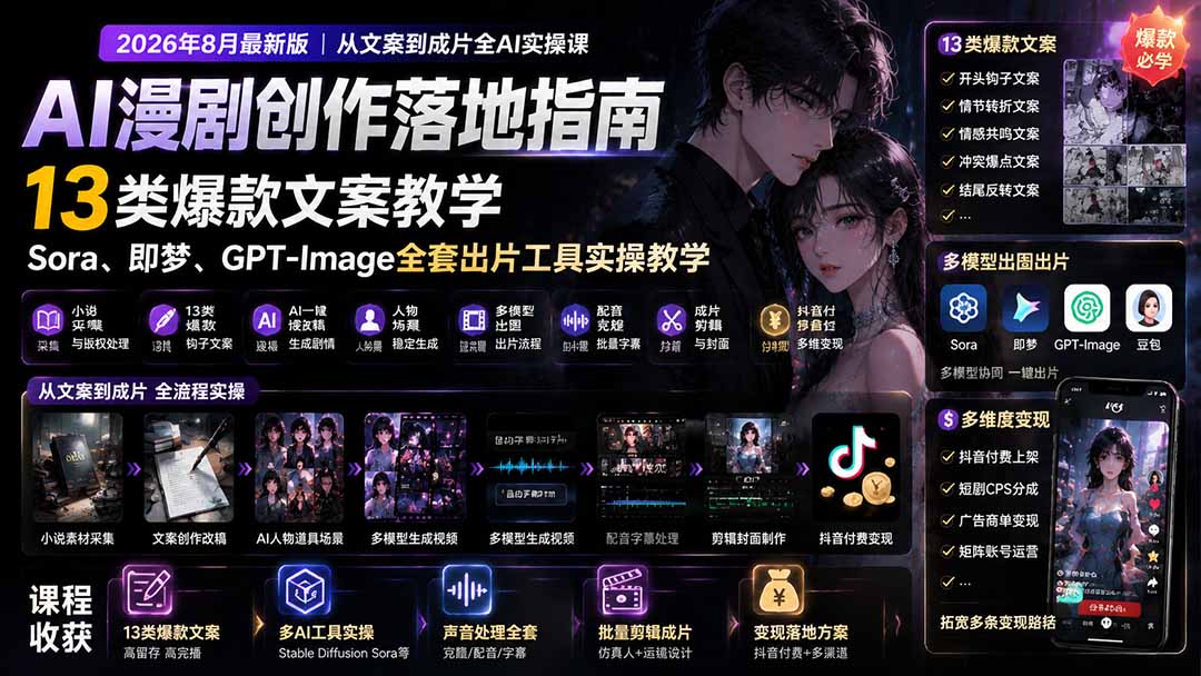 AI漫剧创作落地指南｜13类爆款文案教学，Sora、即梦、GPT-Image全套出片工具实操教学亿创资源网_优质资源分享平台_一站式资源获取亿创资源网 | 优质资源分享平台_一站式资源获取