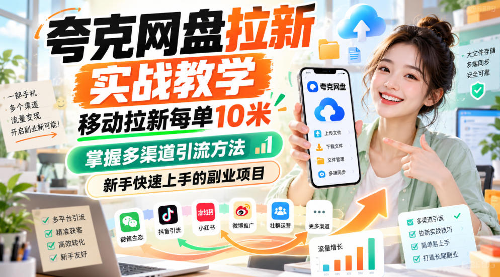夸克网盘拉新实战教学,移动拉新每单10米,掌握多渠道引流方法,新手快速上手的副业项目亿创资源网_优质资源分享平台_一站式资源获取亿创资源网 | 优质资源分享平台_一站式资源获取
