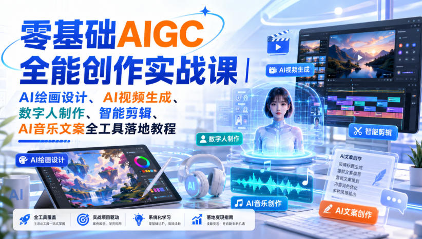零基础AIGC全能创作实战课｜AI绘画设计、AI视频生成、数字人制作、智能剪辑、AI音乐文案全工具落地教程亿创资源网_优质资源分享平台_一站式资源获取亿创资源网 | 优质资源分享平台_一站式资源获取