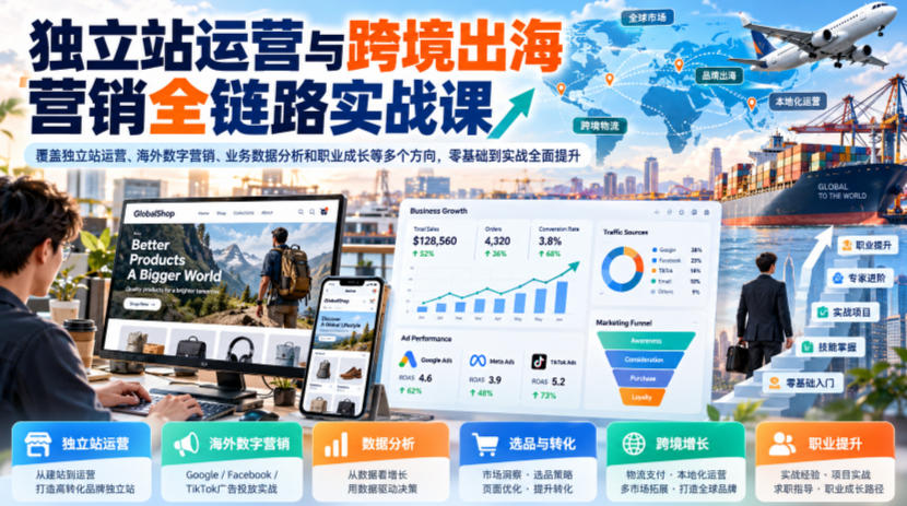 独立站运营与跨境出海营销全链路实战课,覆盖独立站运营、海外数字营销、业务数据分析和职业成长等多个方向,零基础到实战全面提升亿创资源网_优质资源分享平台_一站式资源获取亿创资源网 | 优质资源分享平台_一站式资源获取