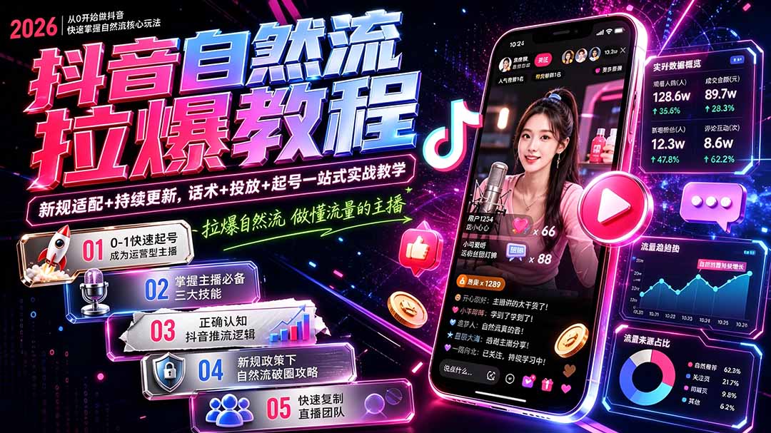 抖音自然流拉爆教程-更新7月：做懂流量的主播，新规适配+持续更新，话术+投放+起号一站式实战教学亿创资源网_优质资源分享平台_一站式资源获取亿创资源网 | 优质资源分享平台_一站式资源获取