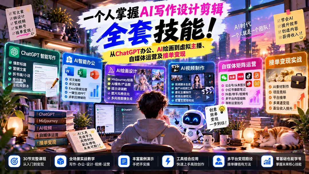 (21029期)一个人掌握AI写作设计剪辑全套技能:从ChatGPT办公、AI绘画到虚拟主播、自媒体运营及接单变现亿创资源网_优质资源分享平台_一站式资源获取亿创资源网 | 优质资源分享平台_一站式资源获取