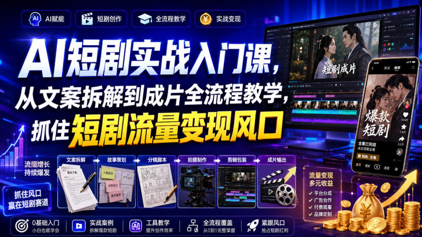 AI短剧实战入门课，从文案拆解到成片全流程教学，抓住短剧流量变现风口亿创资源网_优质资源分享平台_一站式资源获取亿创资源网 | 优质资源分享平台_一站式资源获取